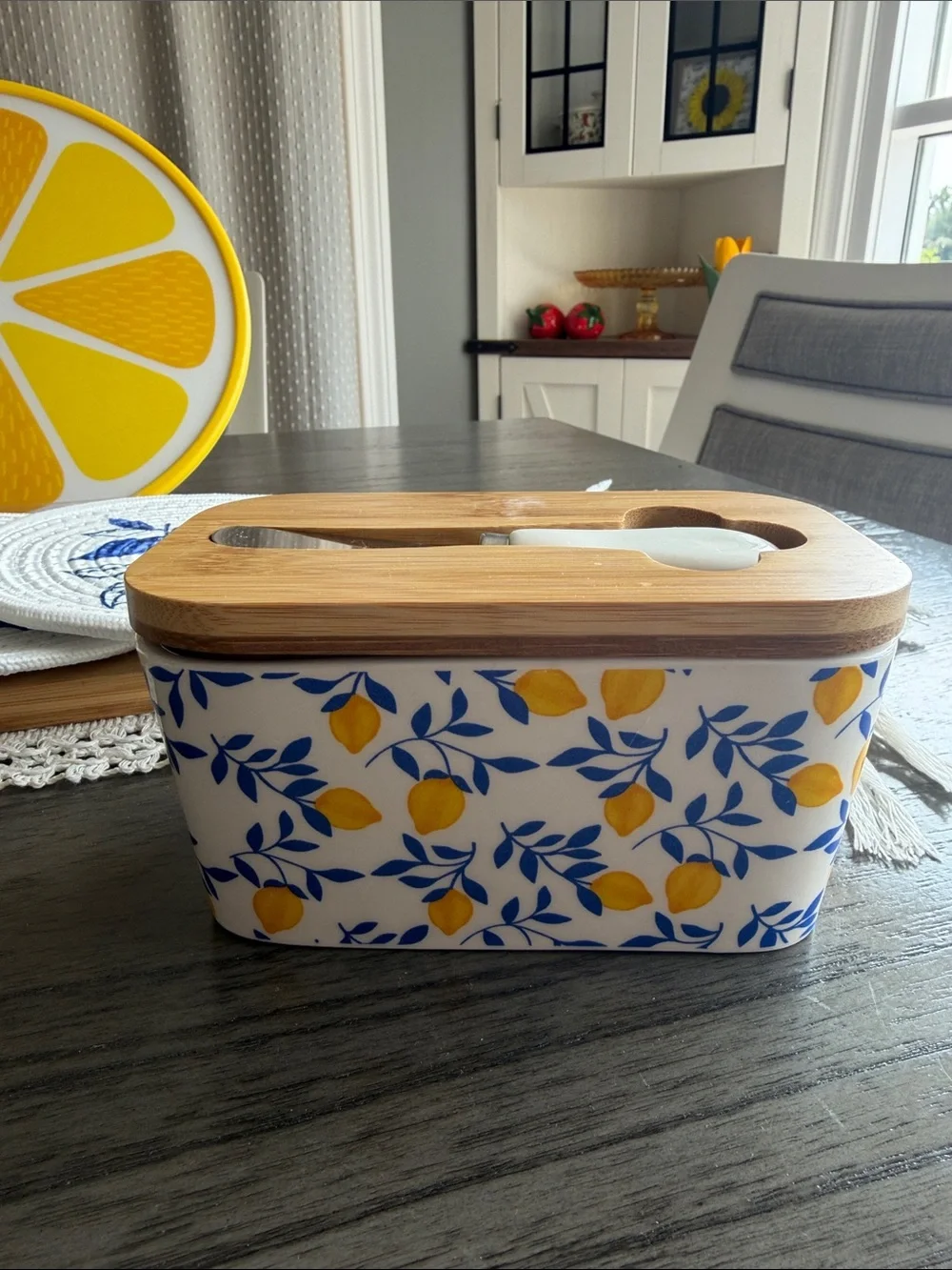 Yellow Lemon-Themed Bundle- Cutting board,trivets, coasters, & butter dish.